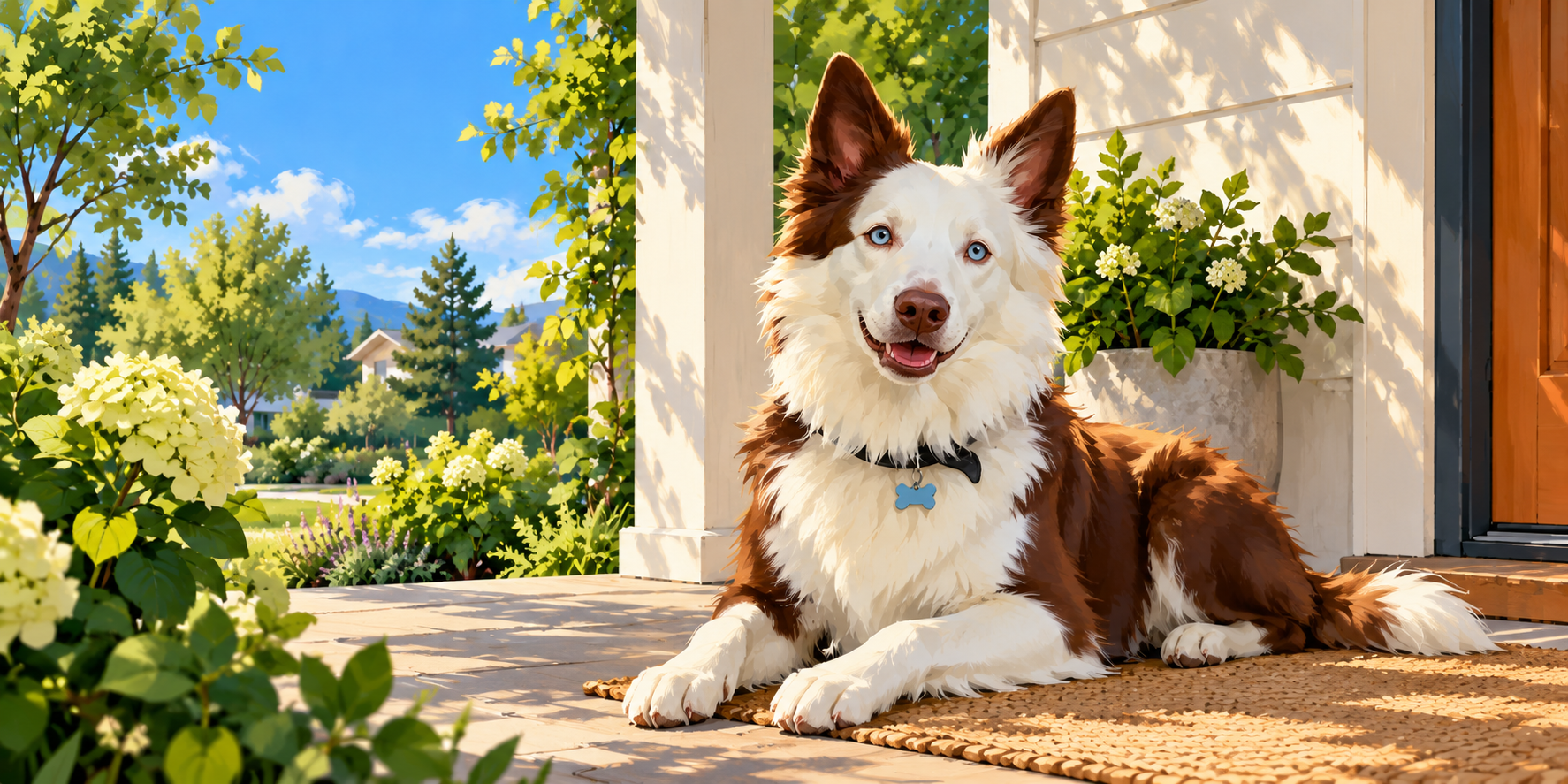 Hardy relaxing beside the welcoming porch of a sunny home